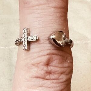Silver Tone Heart & Cross Ring Open & Adjustable Vintage